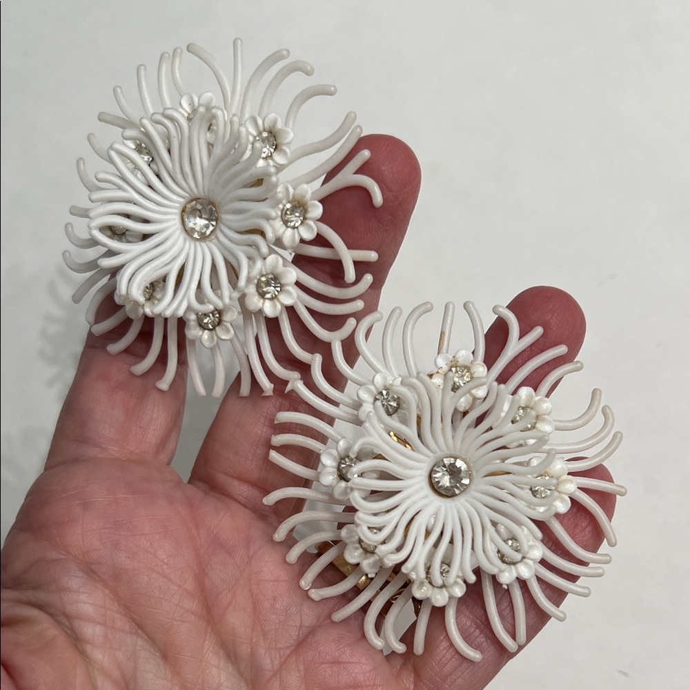 Vintage Celluloid Pair of Cluster Clip on earrings with Rhinestones Deadstock